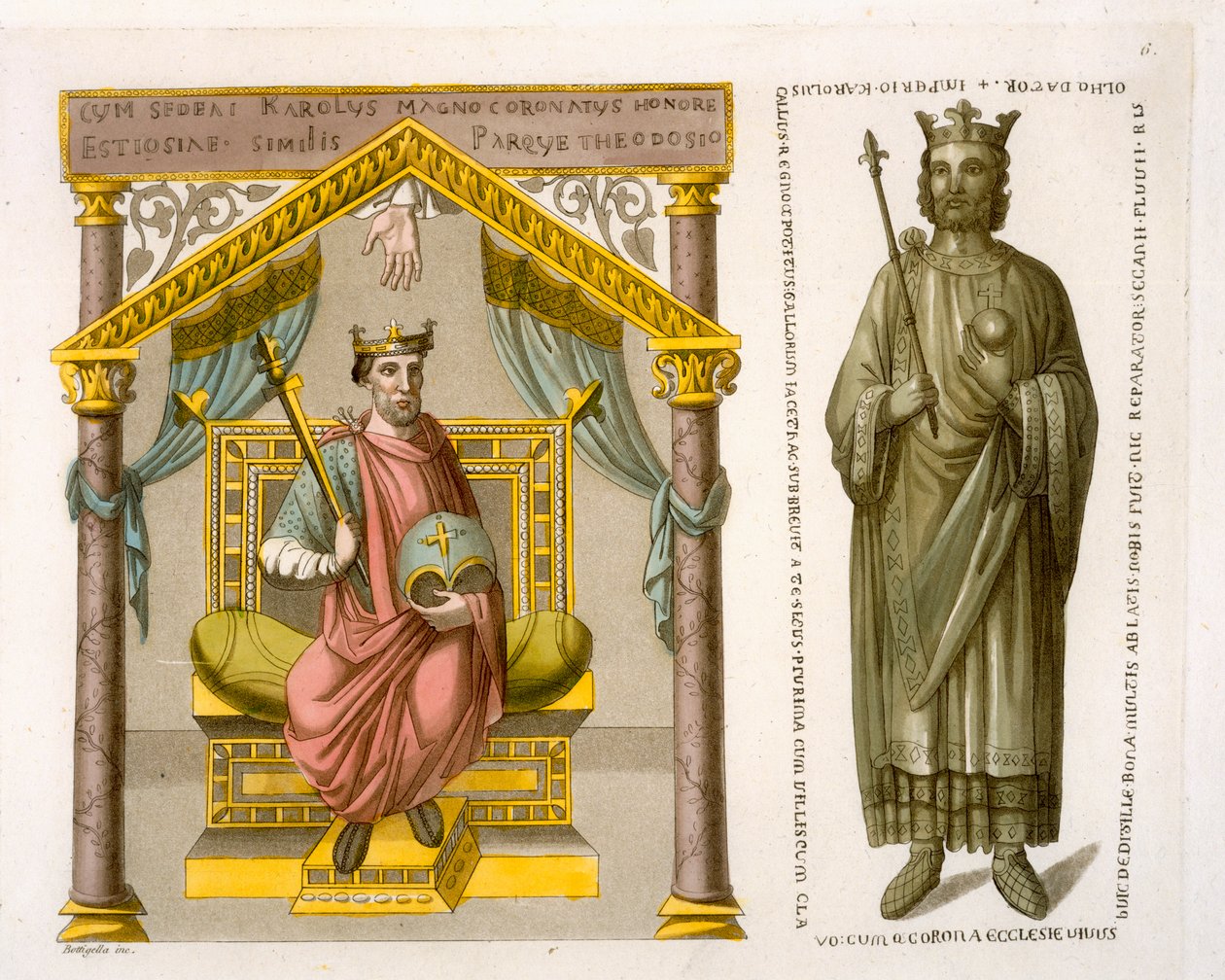 Hre Charles II (Bald) a trónon, a Colberg könyvtárban, a Colbergi Könyvtárban, a Jules Ferrario, a Pub. 1820-30-as évek alkotó: D.K. Bonatti
