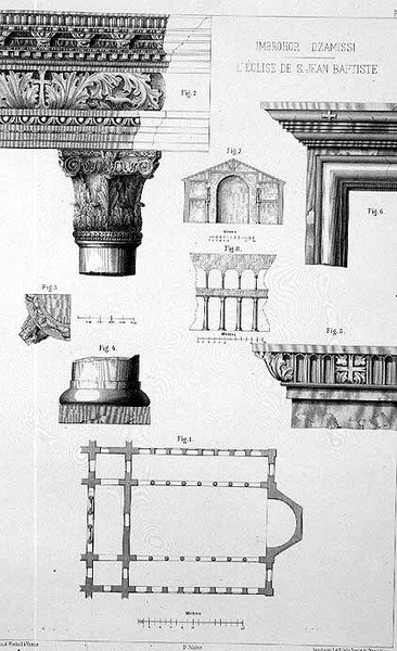 Imbrohor Dzamissi, Keresztelő Szent János-templom terve és építészeti részletei a „Konstantinápolyi templomépítészet”-ből, pub. Lehmann és Wentzel, bécsi, 1870-80 körül (litho) alkotó: D. (after) Pulgher