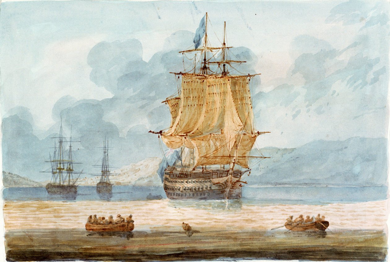 Brit hadihajó és más hajók egy horgonyzóhelyen, előtérben hajóhaddal, 1798-1805 körül (akvarell) alkotó: D. Tandy