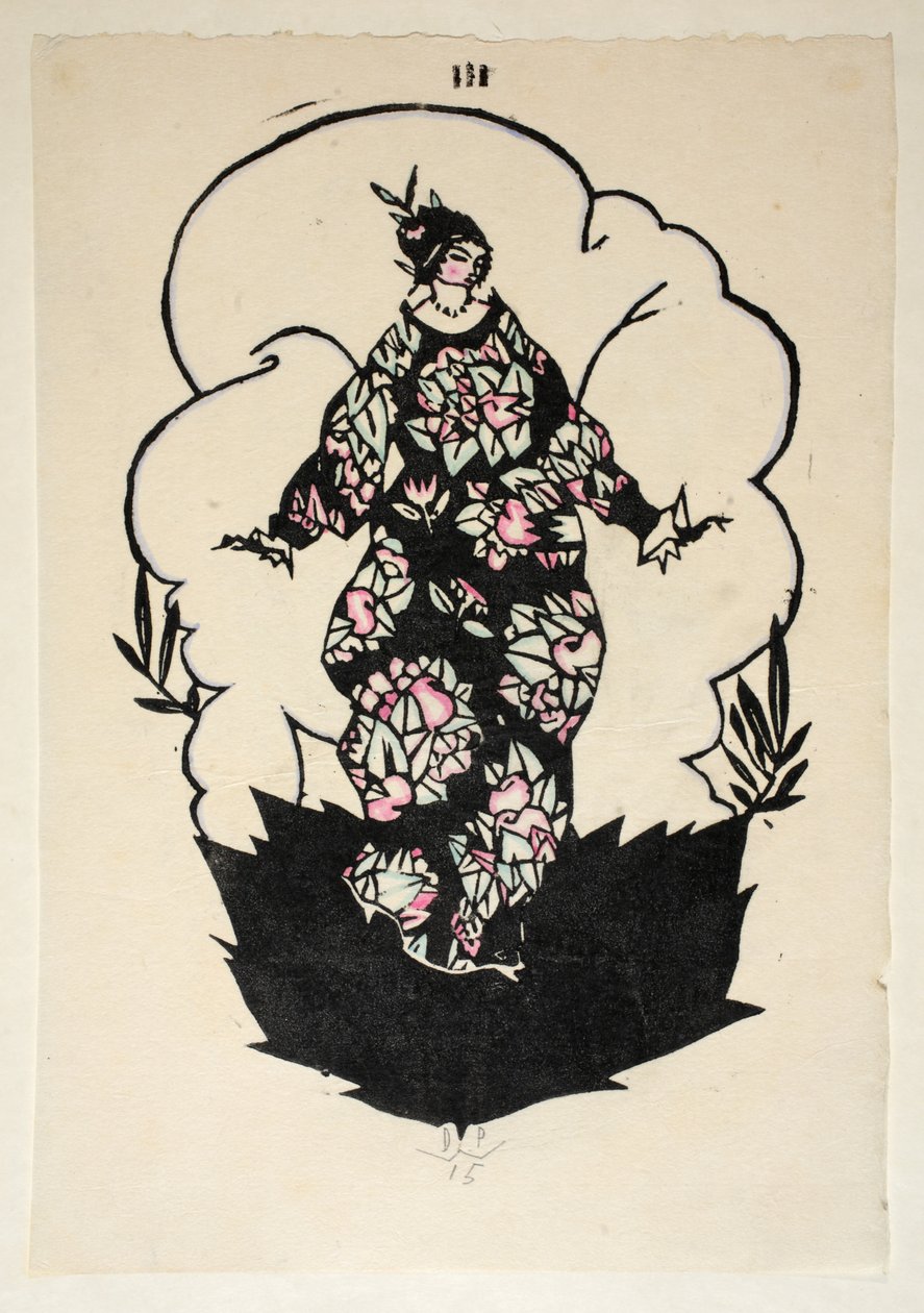 Tervezés egy ruhához, 3. tábla, 3. könyv, illusztráció a „Wiener Werkstatte Mode 191415” címû kiadásból, pub. Eduard Kosmack, Bécs, 1914-1915 (kézzel színezett linómetszet) alkotó: Dagobert Peche