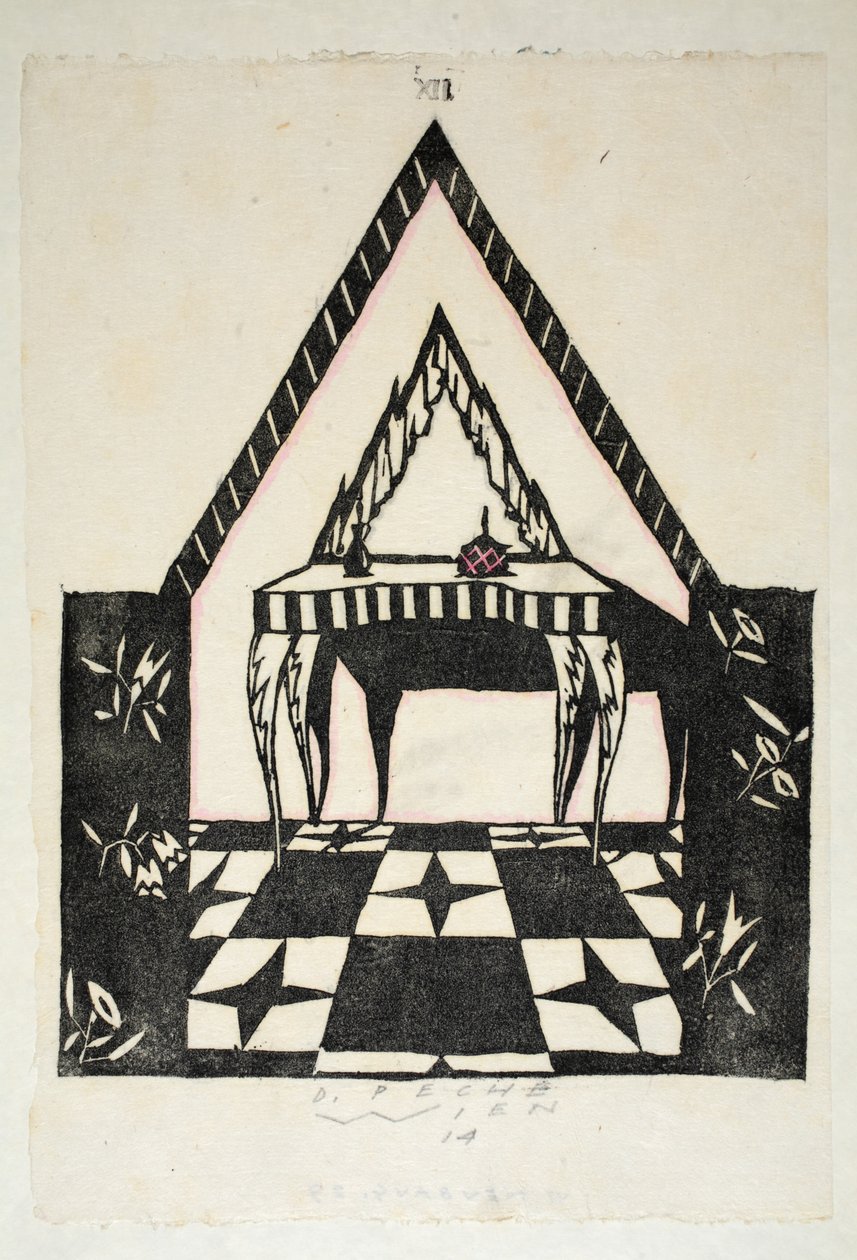 Fékezõasztal kialakítása, 12. tábla, 3. könyv, illusztráció a „Wiener Werkstatte Mode 191415” címû kiadványból, pub. Eduard Kosmack, Bécs, 1914-1915 (kézzel színezett linómetszet) alkotó: Dagobert Peche