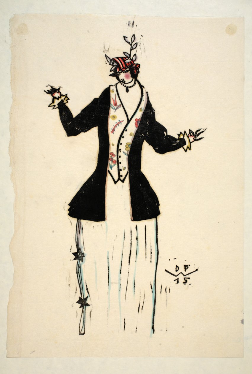 Design for Jacket and Waistcoat, 2. tábla, 4. könyv, illusztráció a "Wiener Werkstatte Mode 191415" című kiadványból. Eduard Kosmack, Bécs, 1914-1915 (kézzel színezett linómetszet). alkotó: Dagobert Peche