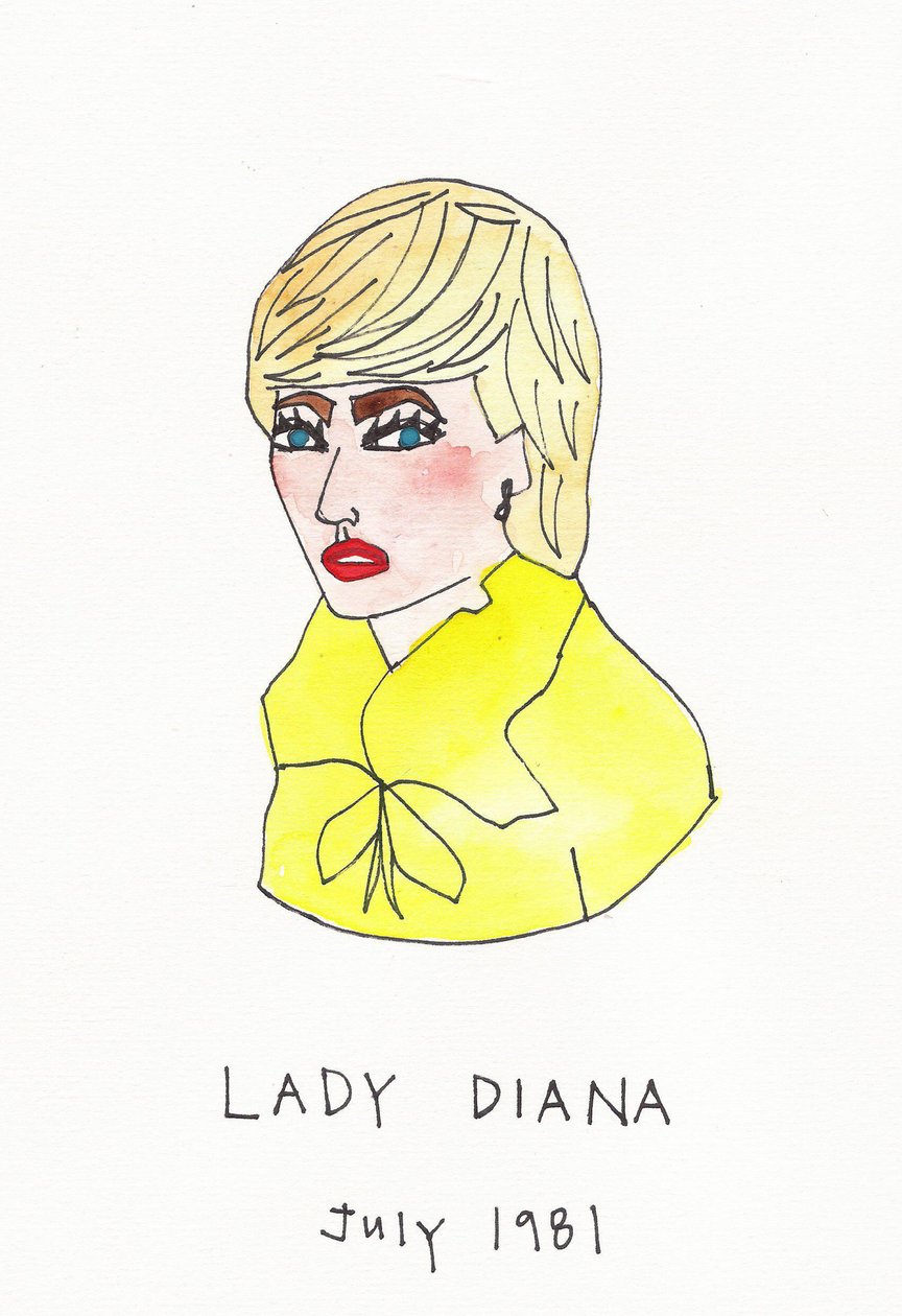 Lady Diana, 2017 (sárga, piros, kék és barna india tinta filctollal, papírra) alkotó: Daisy de Villeneuve