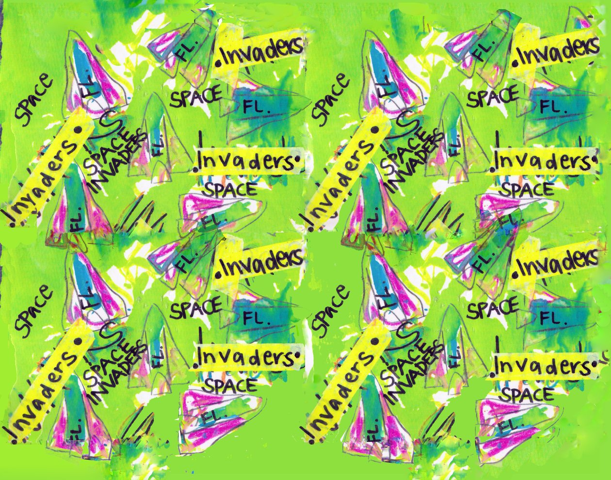 Space Invaders (akvarell, szalag, toll, photoshop) alkotó: Daisy de Villeneuve