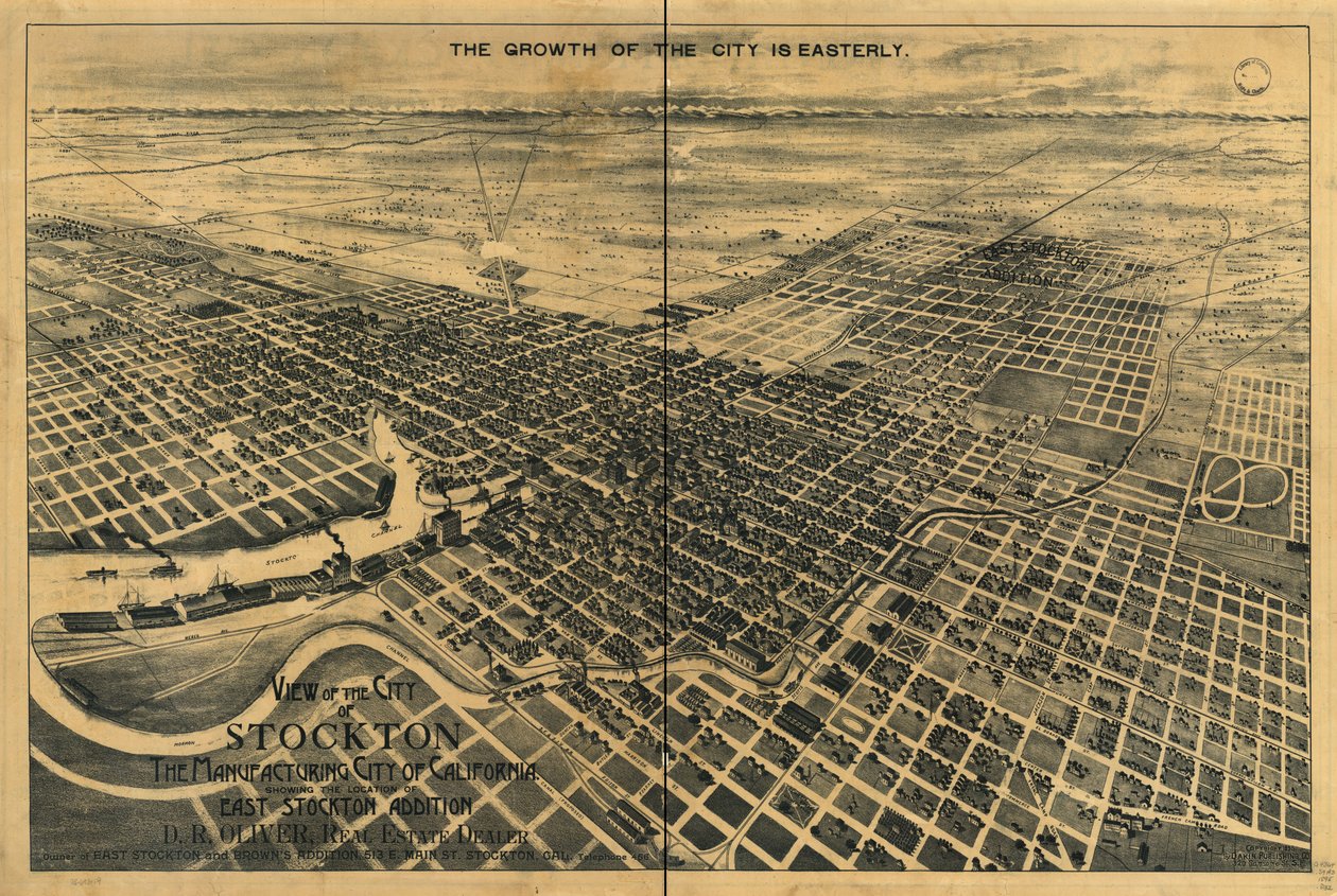 Kilátás Stockton városára, Kalifornia gyártóvárosára. Az East Stockton-kiegészítés helyét mutatja. alkotó: Dakin Publishing Co.
