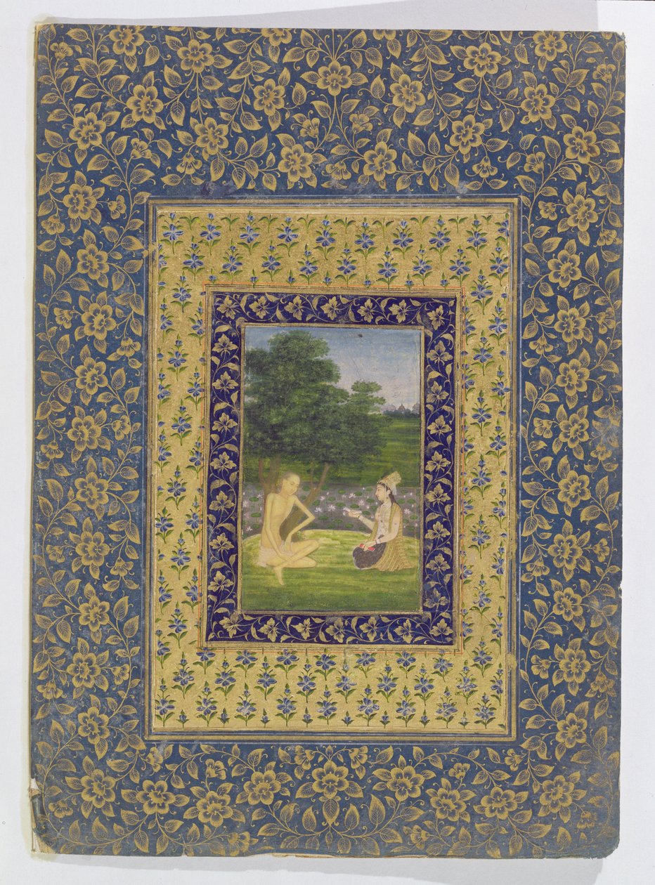 Layla felolvas Majnunnak, aki egy fa alatt ül egy lótuszmedence mellett, Delhi, 1720-40 körül alkotó: Dal Chand