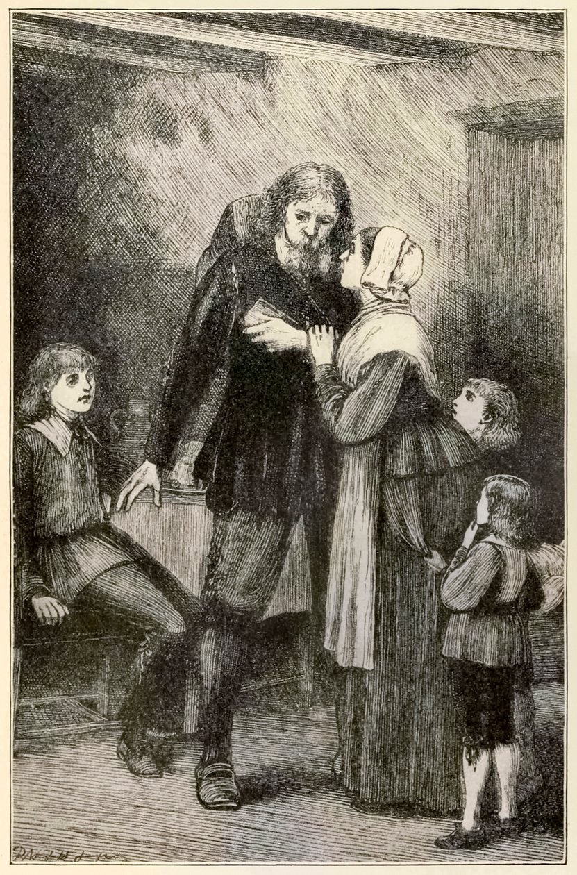 Christian rábízza feleségét A zarándokok előrehaladása ebből a világból, az eljövendőbe (John Bunyan (1628-1688)) Thomas Dalziel (1823-1906) Christian illusztrációja a nehéz teherrel. alkotó: Dalziel Brothers