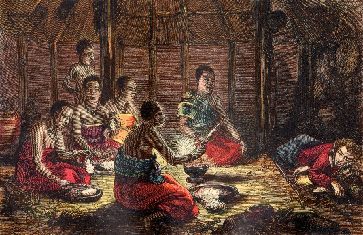 Mungo park pihenő bennszülöttek kunyhójában Segoban, Bambarra államban, 1796 (színes fametszet) alkotó: Dalziel Brothers