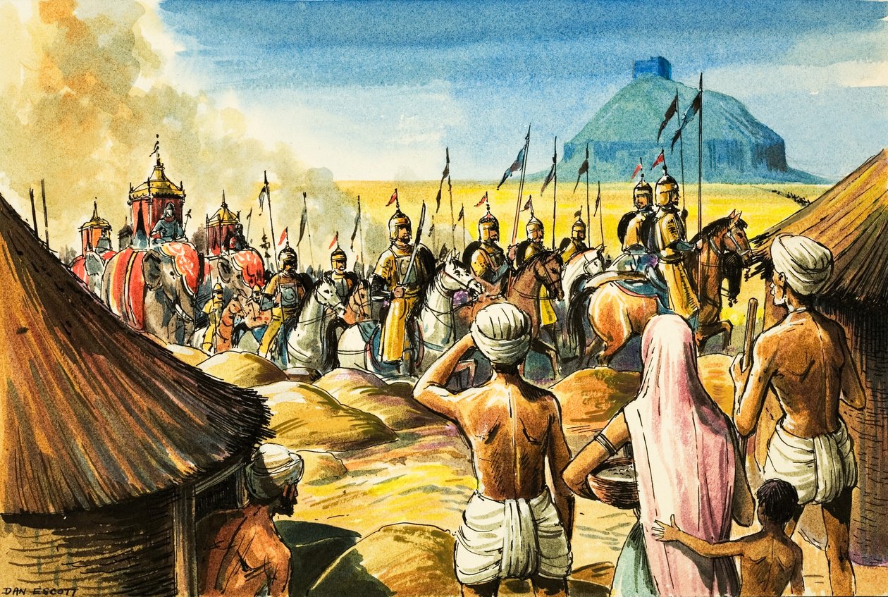 Indiai bennszülöttek nézik, ahogy egy elefántos és katonás menet közeledik egy erődhöz (gouache, papír) alkotó: Dan Escott