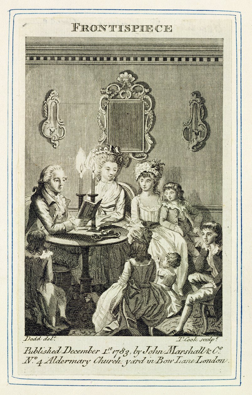 A Father Reading to his Family by Candlelight, Thomas Cook (1744-1818) metszete a John Marshall és társai által kiadott könyv címlapján, 1783. alkotó: Daniel Dodd