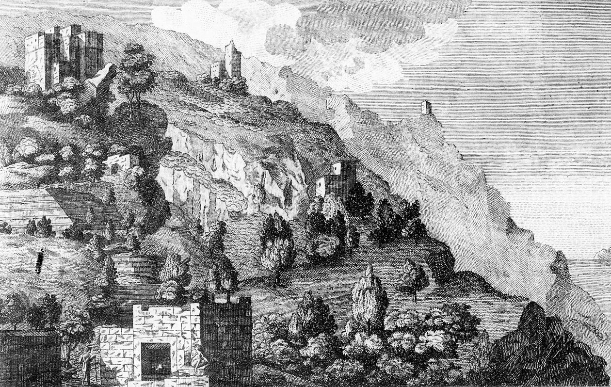 Kilátás a jemeni Kávéhegység között, Carsten Niebuhr „Utazások Arábián keresztül” című részéből, 1792 körül alkotó: Daniel Lizars