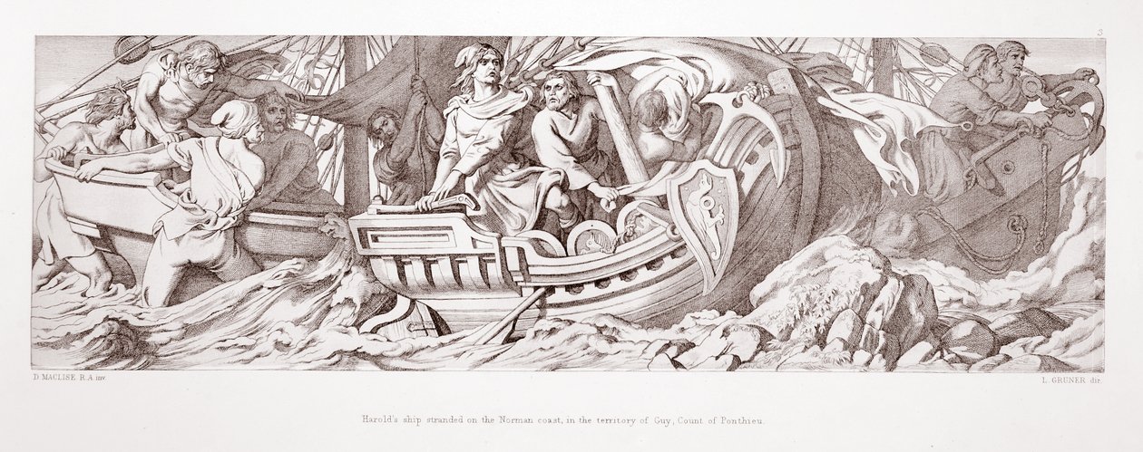Harold hajója a normann partoknál, Guy, Ponthieu grófjának területén, a "The Story of the Norman Conquest"-ből, metszet: L. Gruner, 1866 88:Harold II (1022-66 körül), koronázott i alkotó: Daniel Maclise