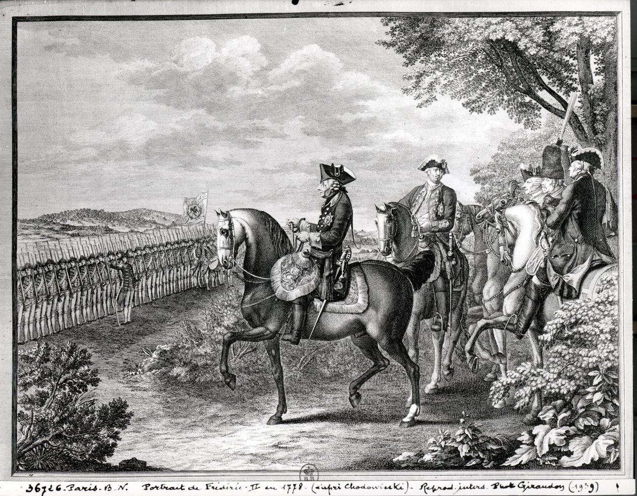 Frigyes porosz király (1712-86) áttekintette a csapatokat 1778-ban alkotó: Daniel Nikolaus Chodowiecki