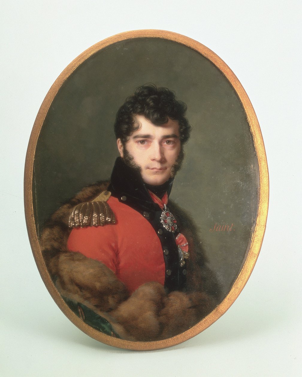 Vörös egyenruhás férfi portréja (wc és gouache elefántcsonton) alkotó: Daniel Saint