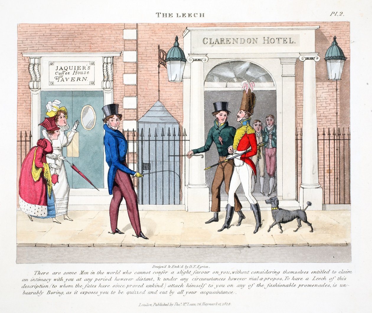 The Leech, illusztráció a "Fashionable Bores or Coolers in High Life" című könyvéből, Peter Quiz, pub. Thomas McLean, London 1824 (kézzel színezett metszet) alkotó: Daniel Thomas Egerton