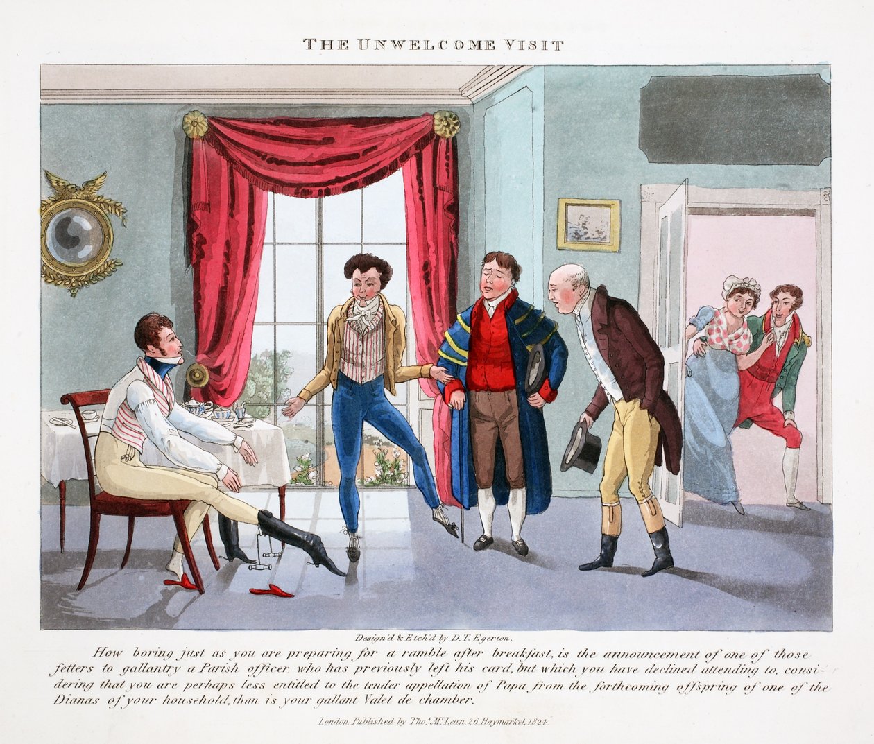 The Unwelcome Visit, illusztráció a "Fashionable Bores or Coolers in High Life" című könyvéből, Peter Quiz, pub. Thomas McLean, London 1824 (kézzel színezett metszet) alkotó: Daniel Thomas Egerton
