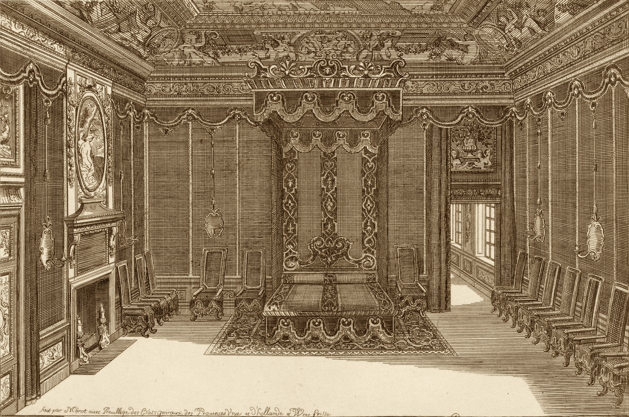 Terv egy hálószobához állami ággyal, az Új Lakáskönyvből, 1703 alkotó: Daniel the Elder Marot