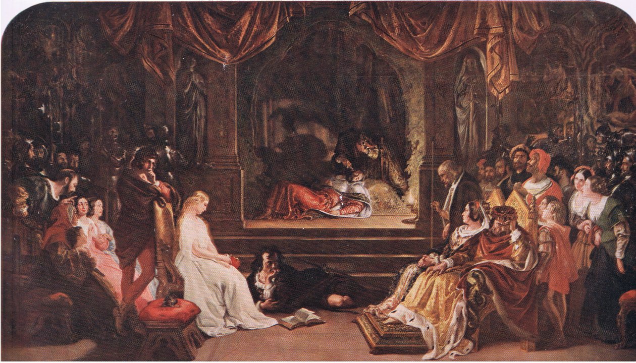 Hamlet és a játékosok (Hamlet) "Megmérgezi őt, az állam kertje", a The Complete Works of William Shakespeare pub.-tól, a J Coker & Co Ltd (színes litho) alkotó: Daniel Maclise