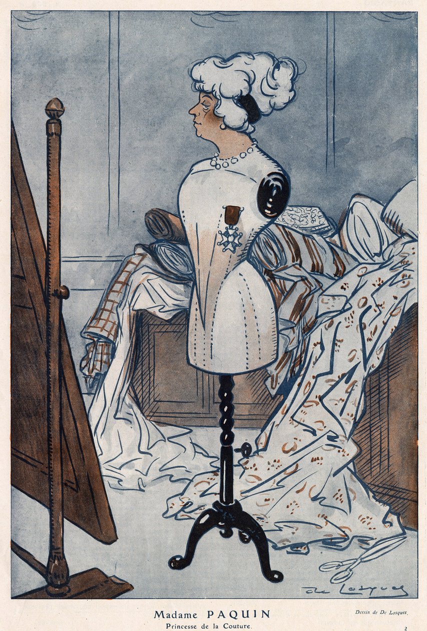 Madame Jeanne Paquin (1869-1936), francia couturiere, a Becsületlégió keresztjével ábrázolva, amelyet most szerzett meg – Daniel De Losques (Henri Casimir Paul Thouroude dit) (1880-1915) illusztrációja a „Fantasio”-ban. 1913-ból alkotó: Daniel de Losques