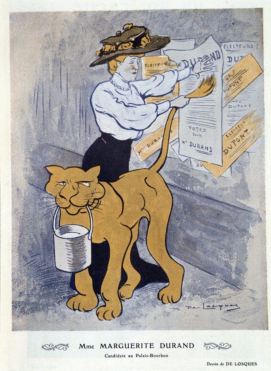 Marguerite Durand a választási plakátjait ragasztja – Daniel De Losques (Henri Casimir Paul Thouroude) (1880-1915), az 1910.04.01-i „” Fantasio”-ban alkotó: Daniel de Losques