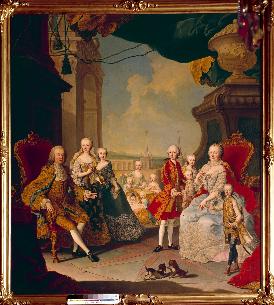 I. Ferenc a Szent Birodalomból (1708-1765) és felesége, Marie Therese Iere (1717-1780) tizenegy gyermekével a schonbrunni (vagy schönbrunni) kastély teraszán A leendő királynő, Marie Antoinette a középen pózol még mindig baba. Festék alkotó: Daniel (and Studio) (after) Mytens