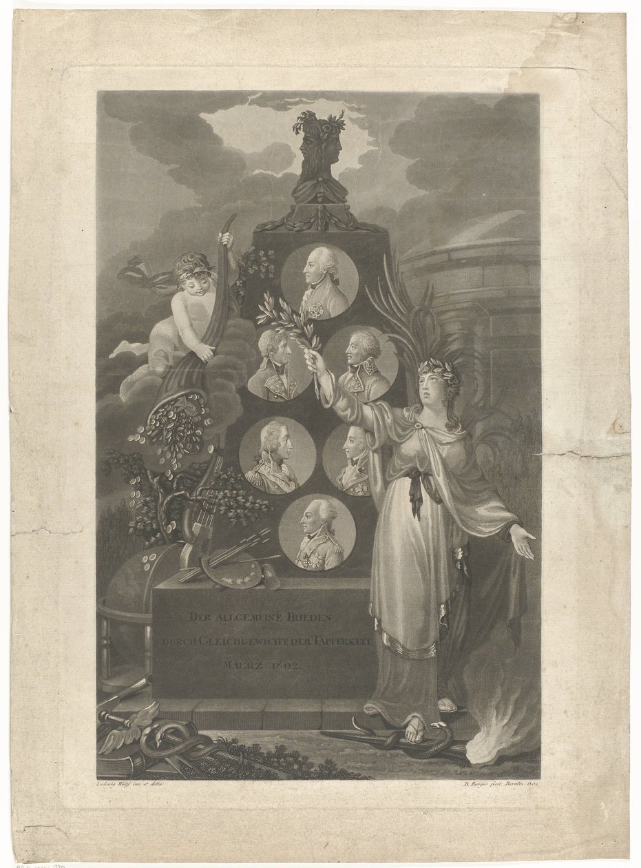 Vrede van Amiens allegóriája, 1802 Az általános béke a bátorság egyensúlyán keresztül 1802. március (cím a tárgyon) alkotó: Daniel Berger