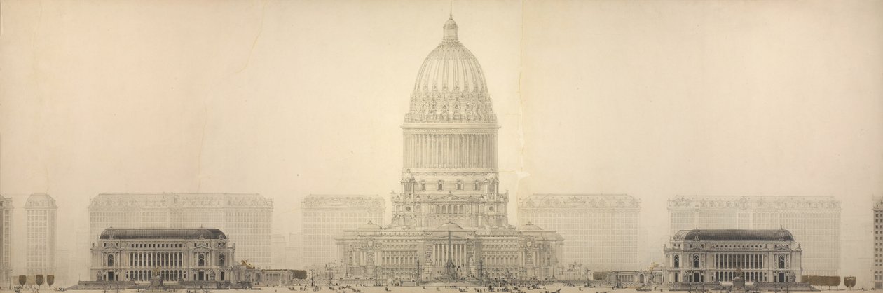 131. tábla a The Plan of Chicago-ból, 1909: Chicago. Homlokzat, amely az épületcsoportot mutatja... alkotó: Daniel Burnham