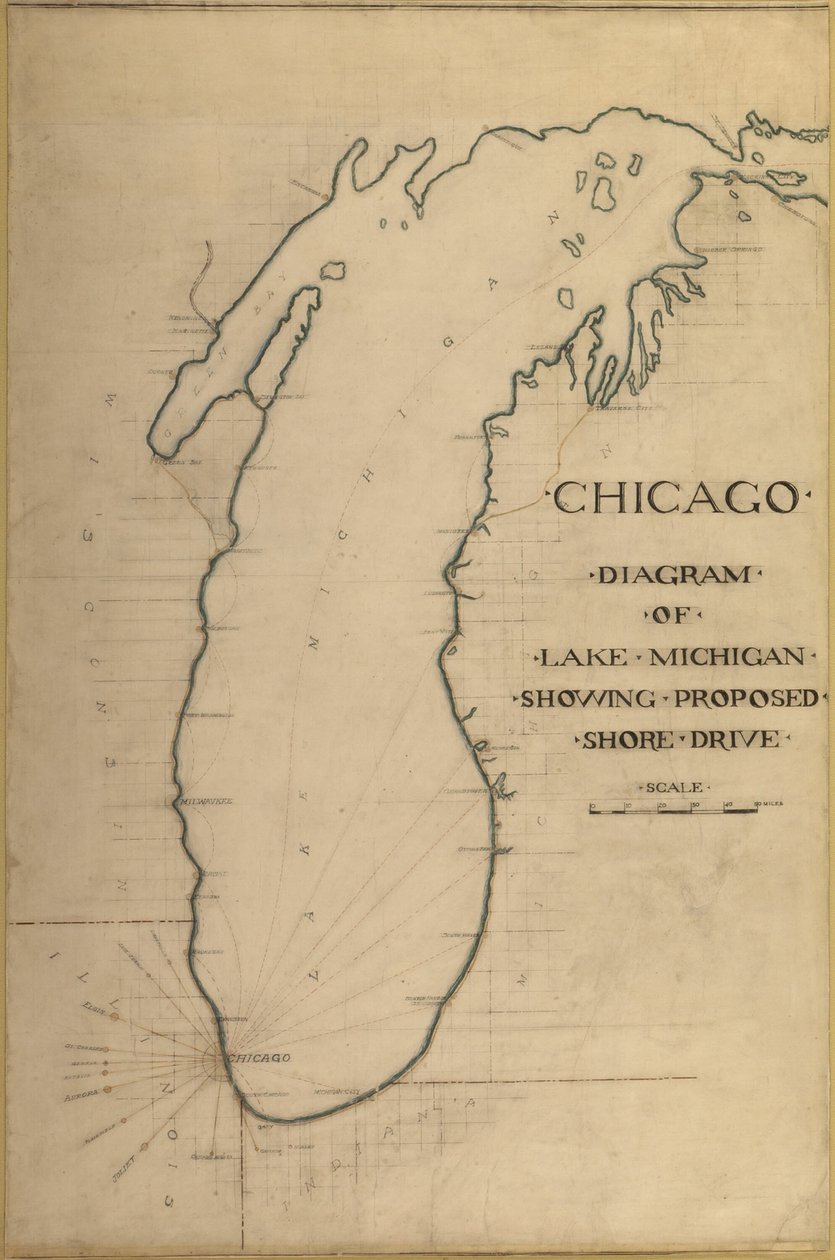 35. tábla a Plan of Chicago 1909-ből: Chicago és a Michigan-tó diagramja. Javasolt út... alkotó: Daniel Burnham