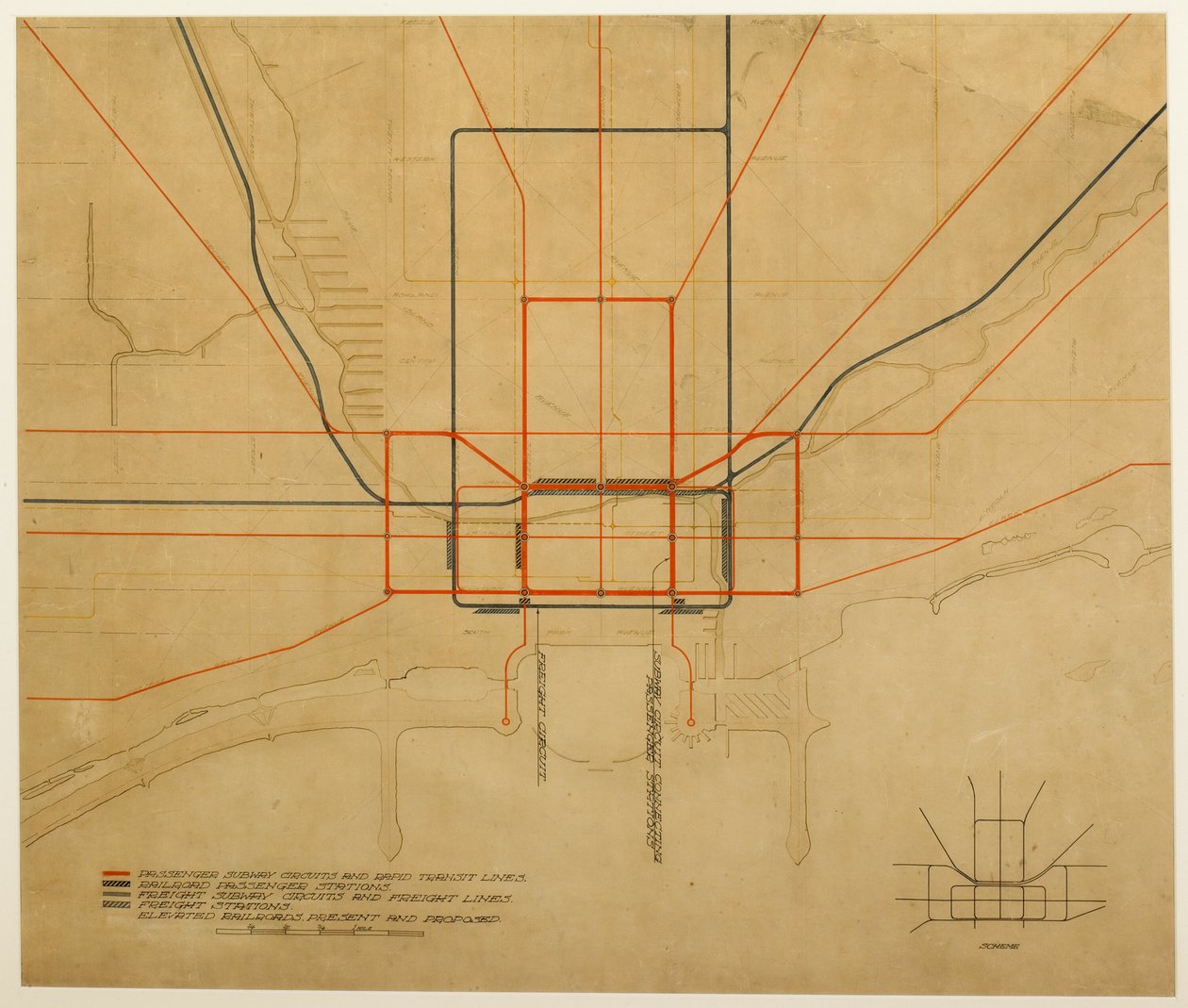 75. tábla a The Plan of Chicago-ból, 1909: Chicago. A város diagramja, amely a teljes rendszert mutatja... alkotó: Daniel Burnham