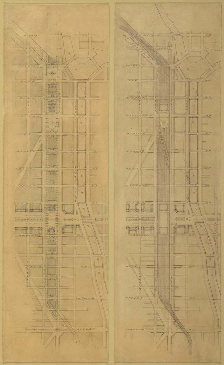 79. tábla 2 Rajzok a Chicagói Tervből, 1909: Javasolt helye és elrendezése a... alkotó: Daniel Burnham