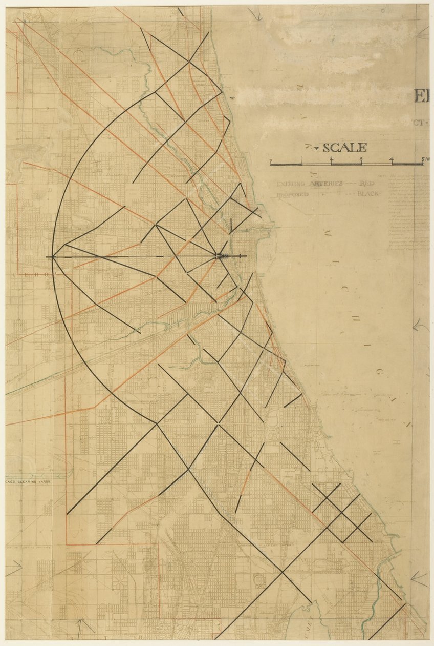 91. tábla: The Plan of Chicago, Chicago, Proposed Diagonal Arteries, 1909. alkotó: Daniel Burnham