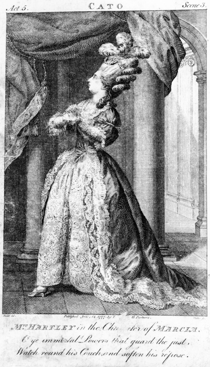Mrs. Hartley Marcia szerepében Addison Cato-jában, 1777-ben alkotó: Daniel Dodd