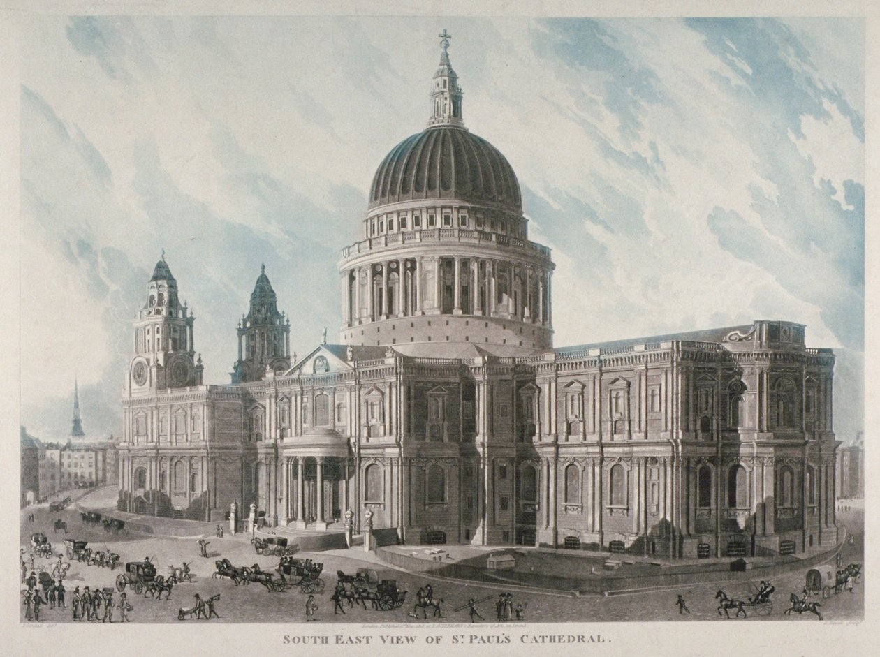 A Szent Pál-székesegyház délkeleti nézete alakokkal és kocsikkal kívül, London városa, 1818 alkotó: Daniel Havell