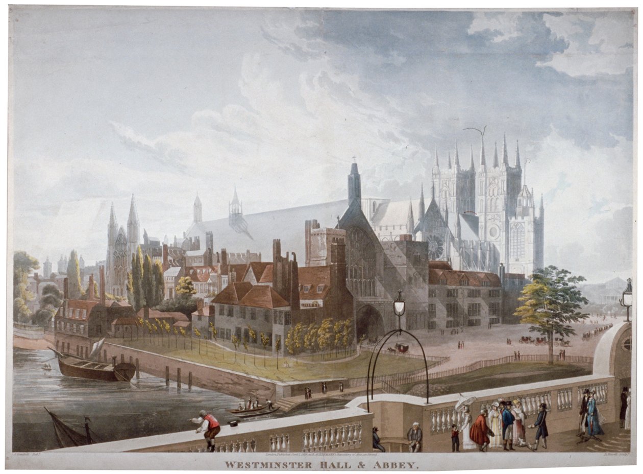Kilátás a Westminster Hallra és az apátságra a Westminster Bridge felől, London, 1819. alkotó: Daniel Havell