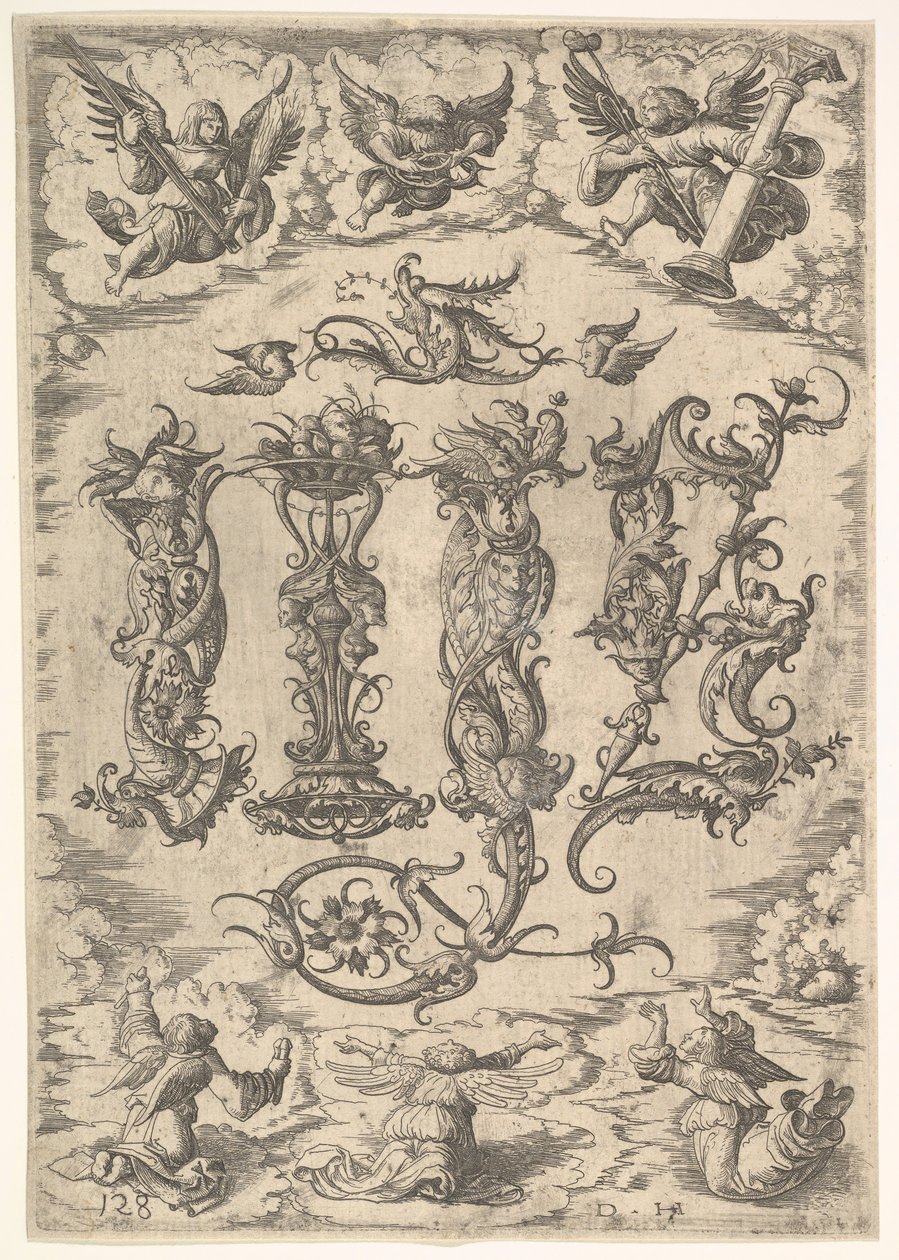 IHS monogram, hat angyallal körülvéve, kb. 1485-1536. alkotó: Daniel Hopfer