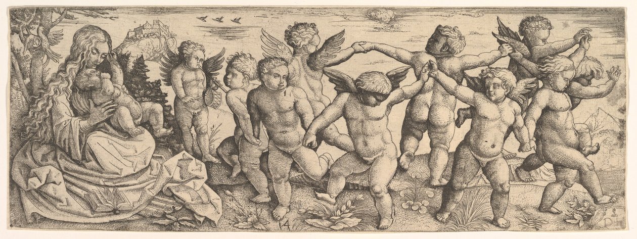 Szűz és gyermek angyalokkal táncol egy tájban, 1530-as évek. alkotó: Daniel Hopfer