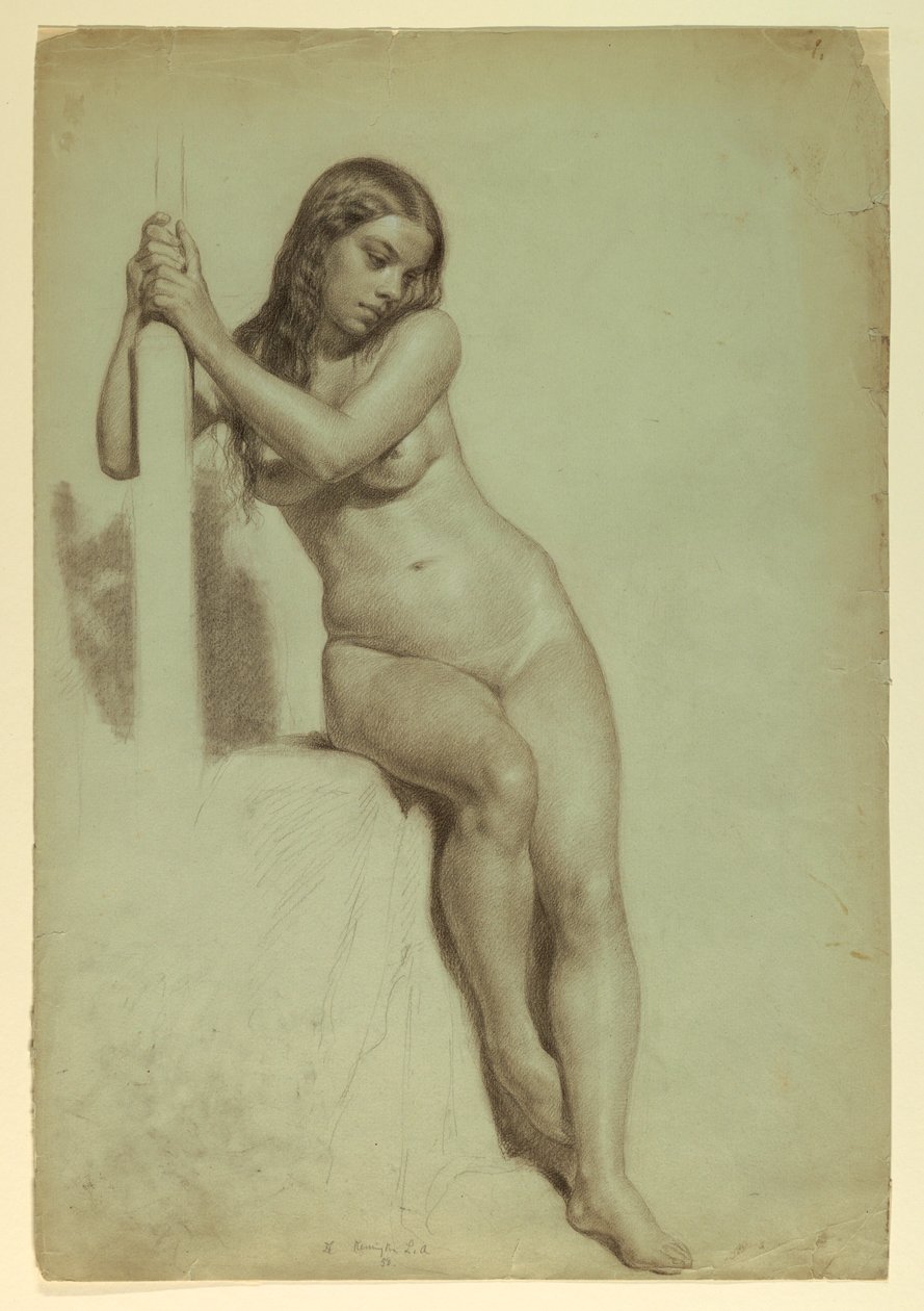 Rajz, Női akt egy zsámolyon ülve, 1858 alkotó: Daniel Huntington