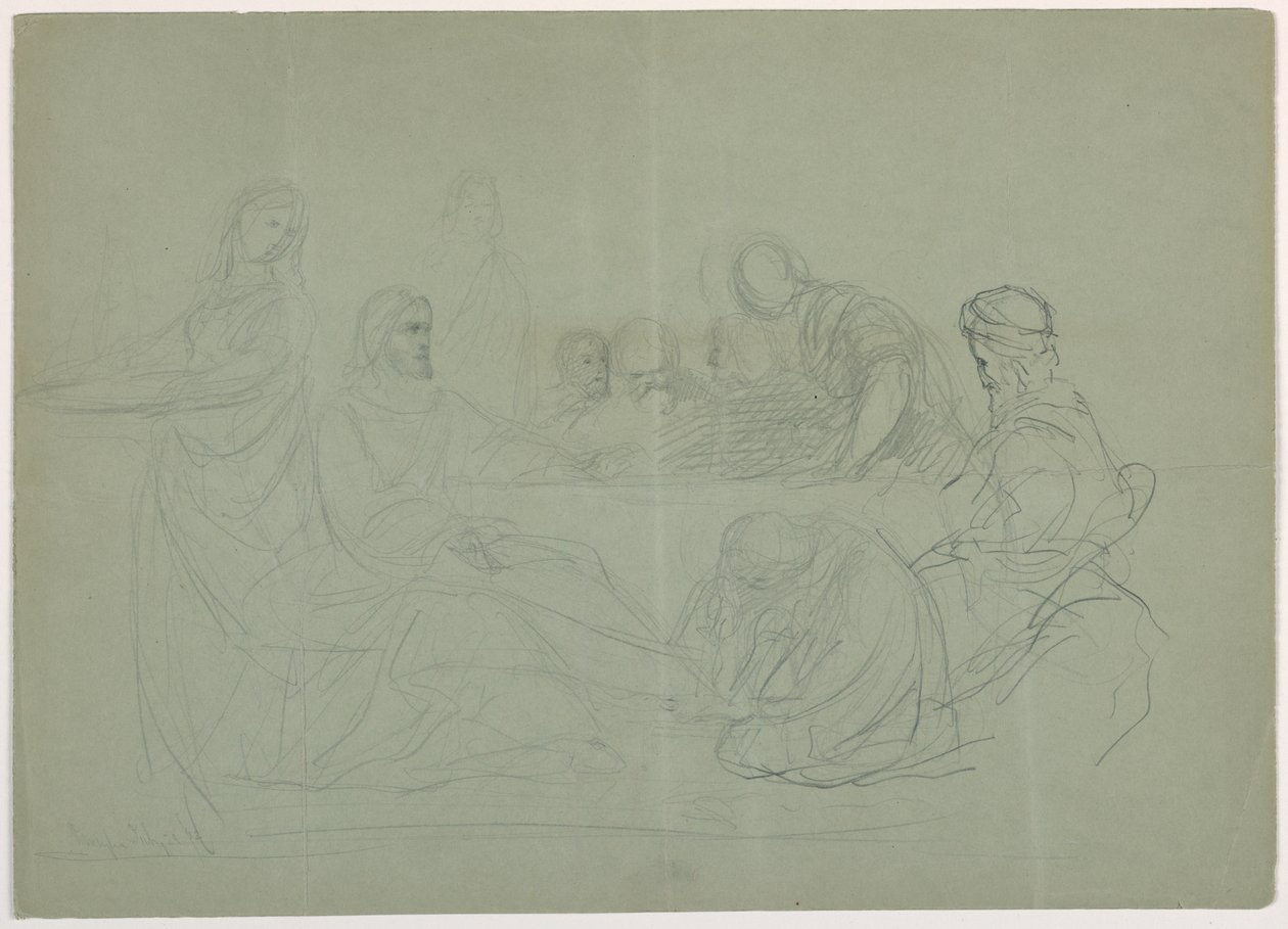 Rajz, Mária mossa Krisztus lábát, több férfi ül egy asztalnál; hátoldalon jegyzetek, 1852 alkotó: Daniel Huntington
