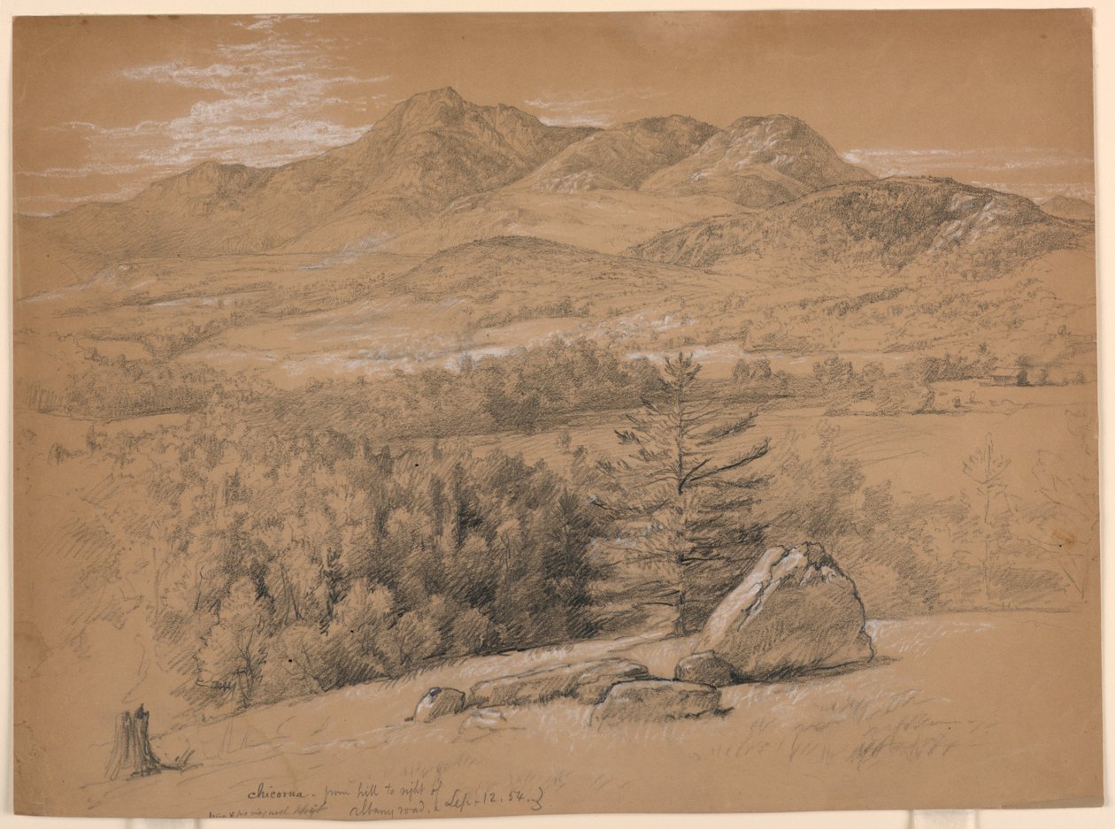 Rajz, A Chocorua-hegy látképe az Albany Road jobb oldalán lévő dombról, 1854. szeptember 12. alkotó: Daniel Huntington