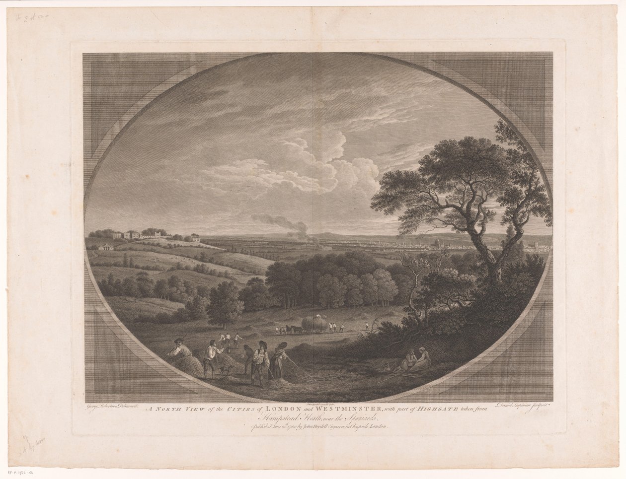 Gezicht op London, gezien vanaf Hampstead Heath Északi nézet London és Westminster városairól, a Highgate egy részével a Hampstead Heath-ből, a spanyolok közelében (cím az objektumon) alkotó: Daniel Lerpinière