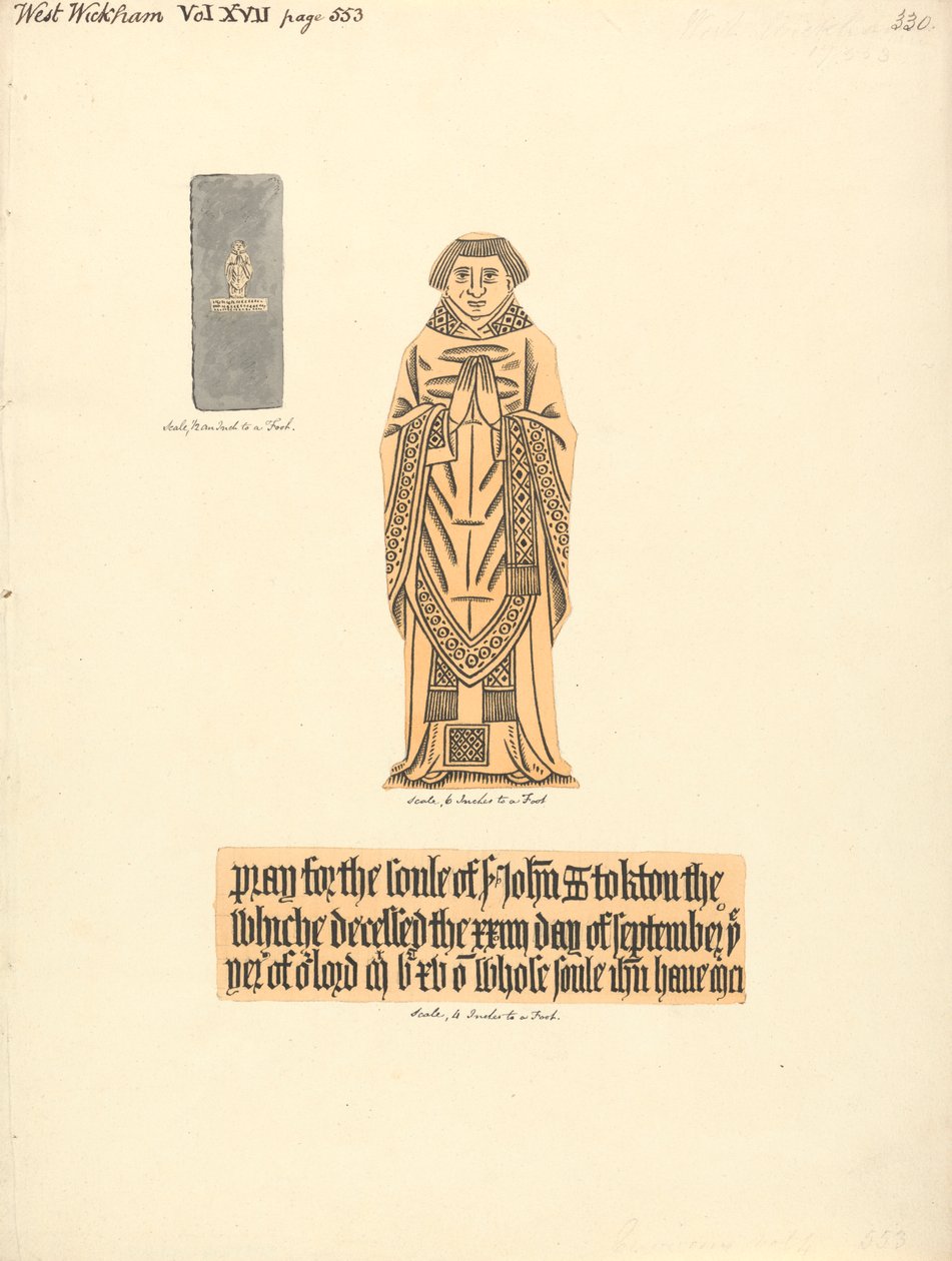 Sárgaréz lemezes emlékmű John Stocktonnak, West Wickham templom alkotó: Daniel Lysons