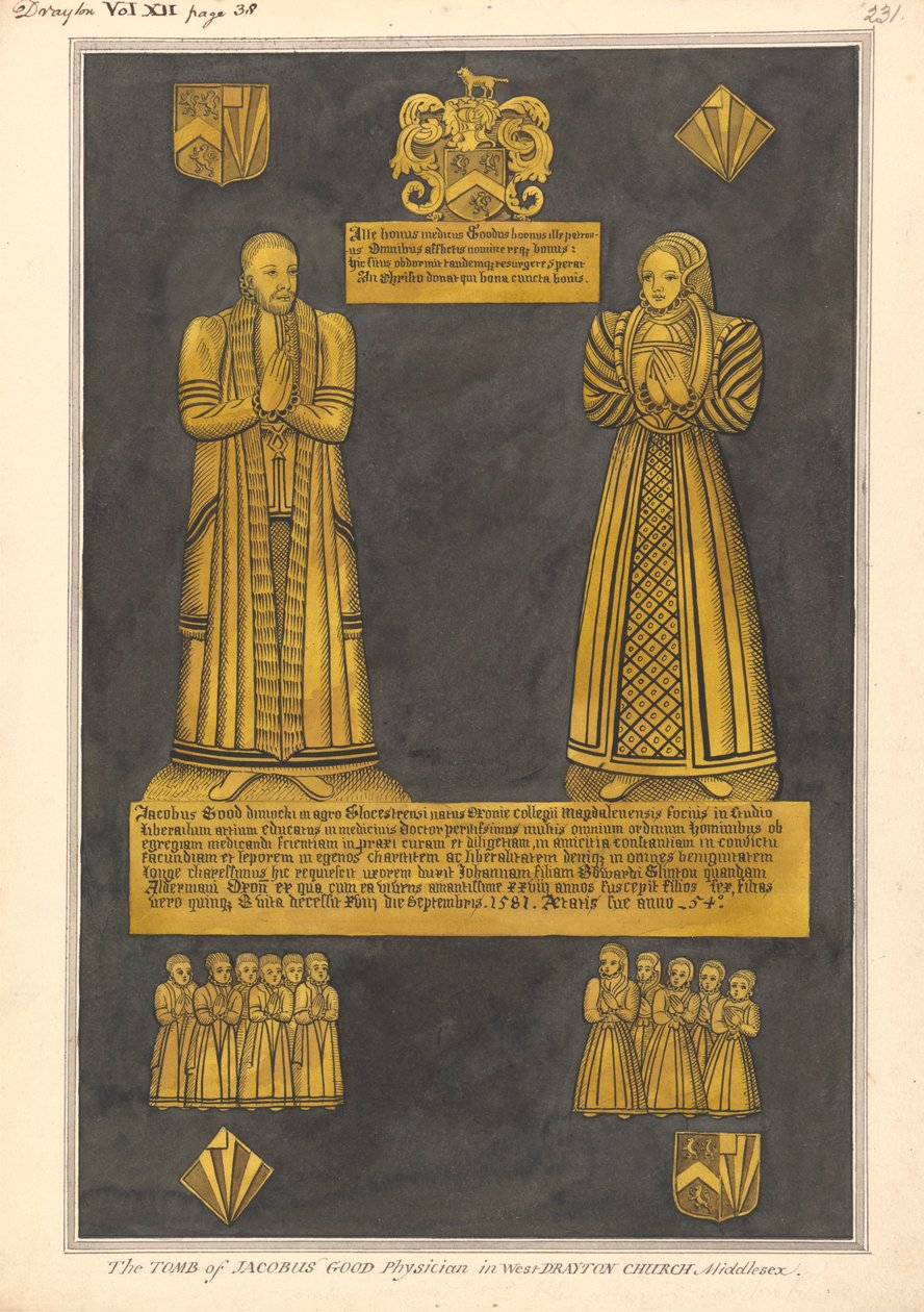 Sárgaréz tányér Dr. James Goode-nak és feleségének, Joannak, Edward Clinton lányának, West Drayton Church alkotó: Daniel Lysons