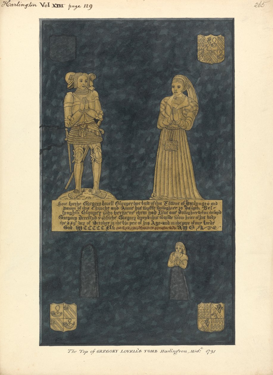 Sárgaréz tányér Gregory Lovellnek és feleségének, Anne-nak, David Bellingham lányának, Harlington Church alkotó: Daniel Lysons