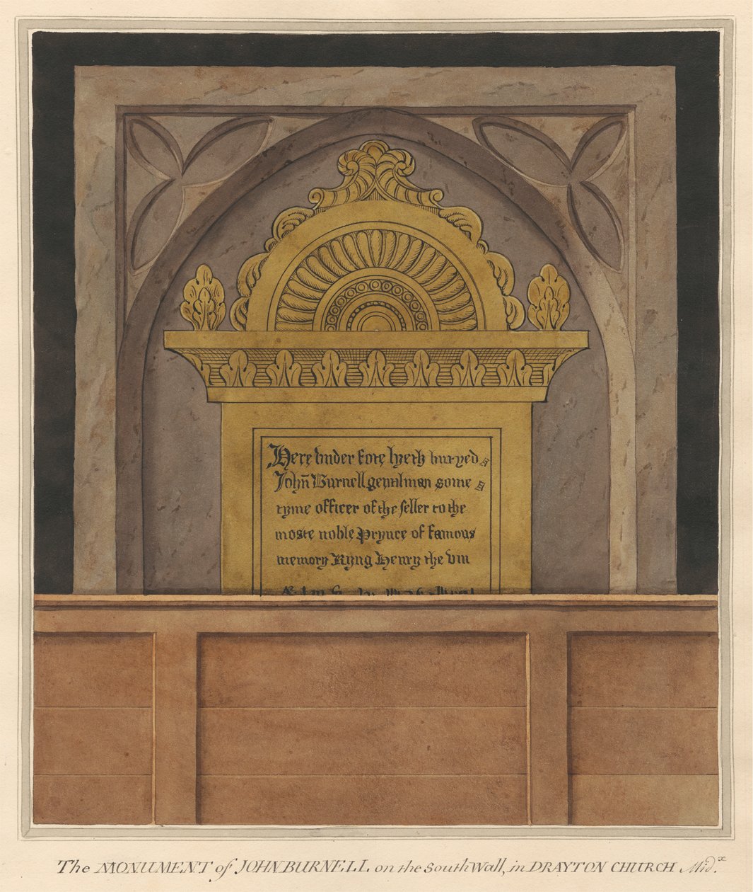 Sárgaréz tányér John Burnell számára a Drayton Churchből alkotó: Daniel Lysons
