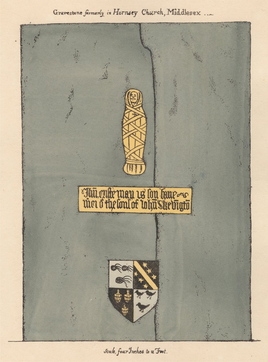 Sárgaréz tányér John Skevington számára a Hornsey Churchből alkotó: Daniel Lysons