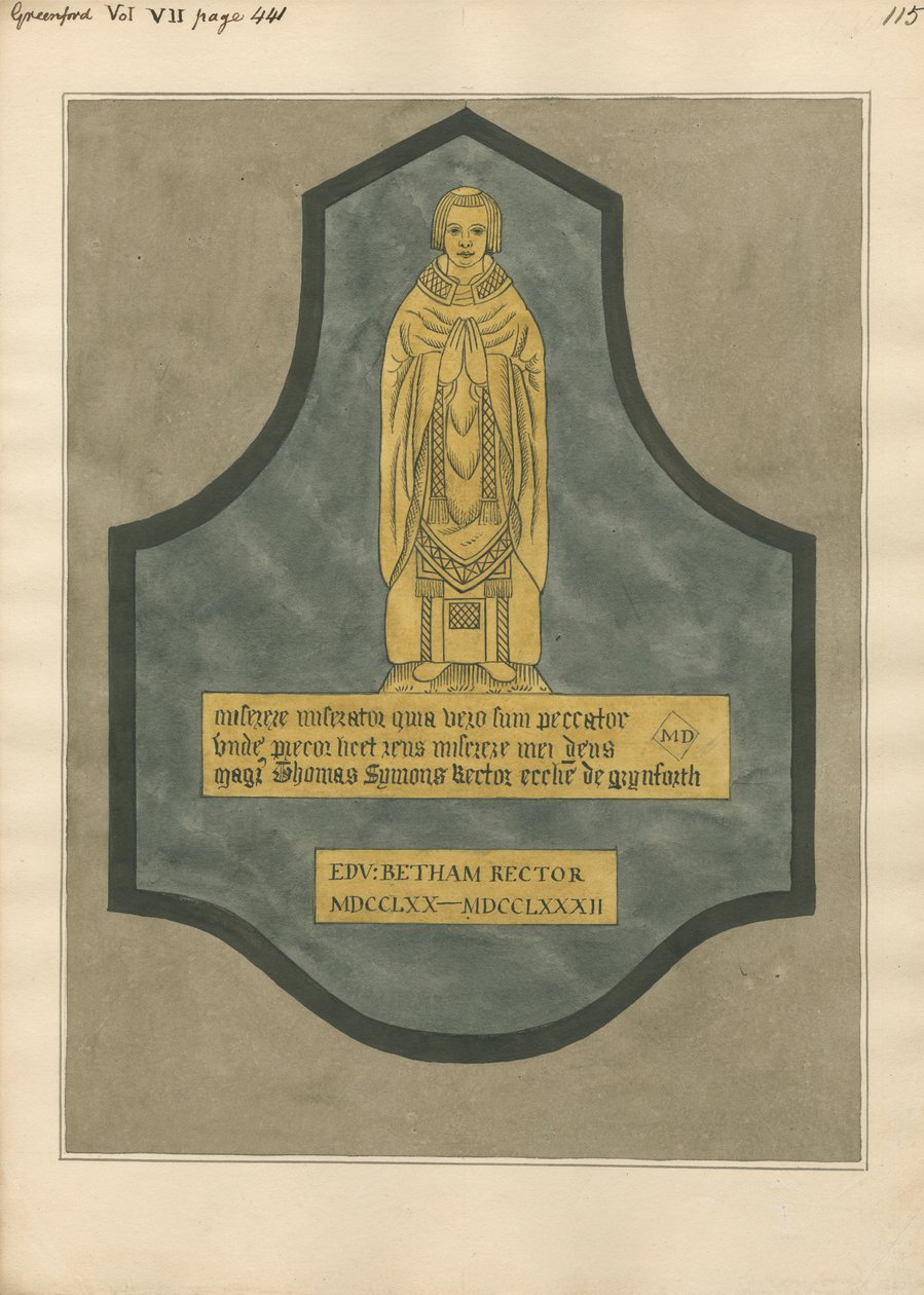 Sárgaréz tányér Thomas Symons számára a Greenford templomból alkotó: Daniel Lysons