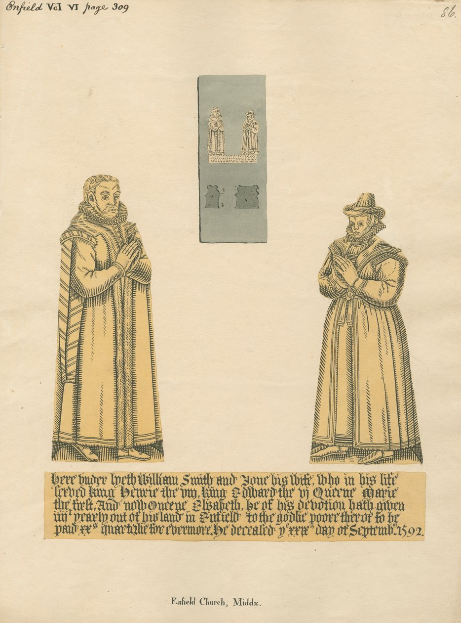 Sárgaréz tányér William és Jane Smith számára az Enfield templomból alkotó: Daniel Lysons