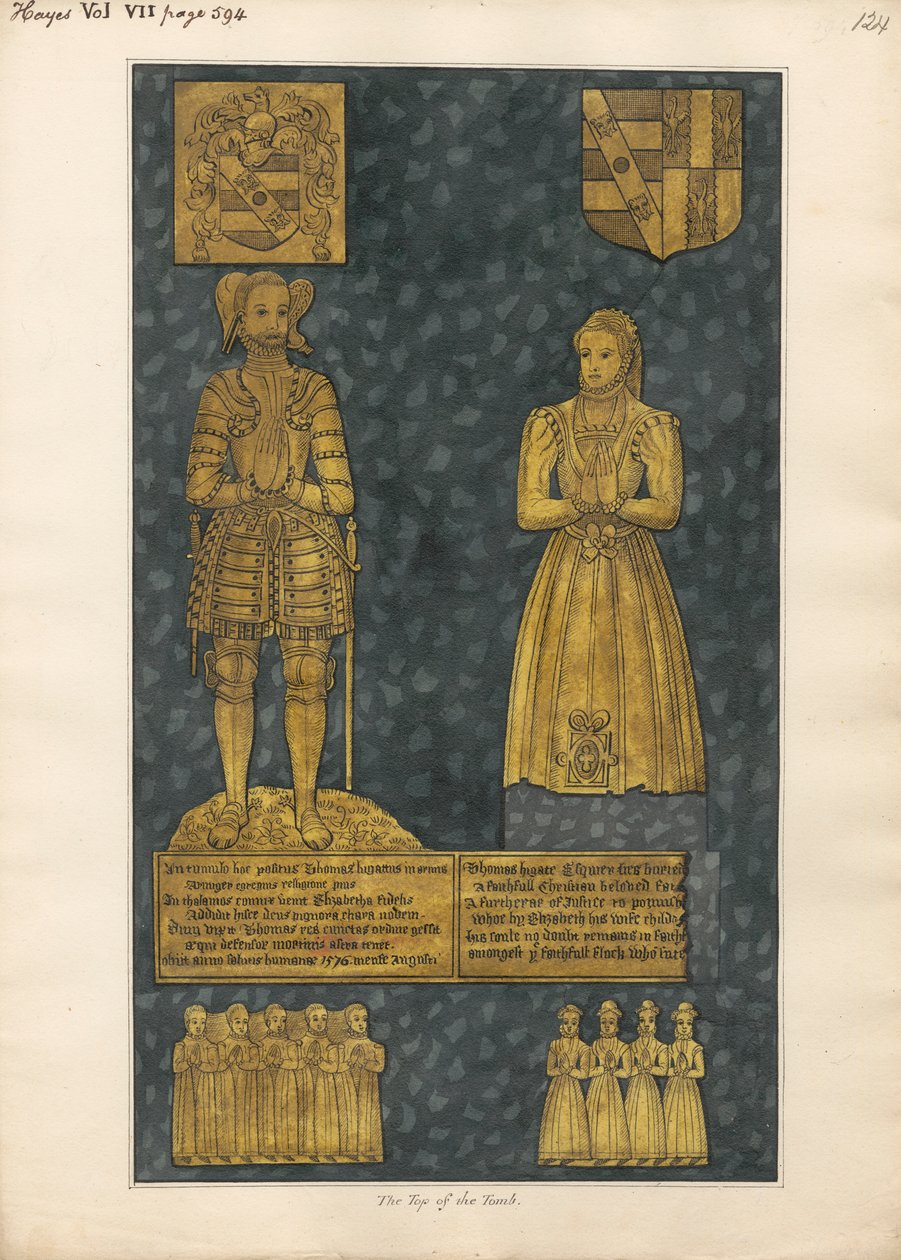 Sárgaréz tányér Thomas és Elizabeth Higate sírjának tetején a Hayes-templomból alkotó: Daniel Lysons
