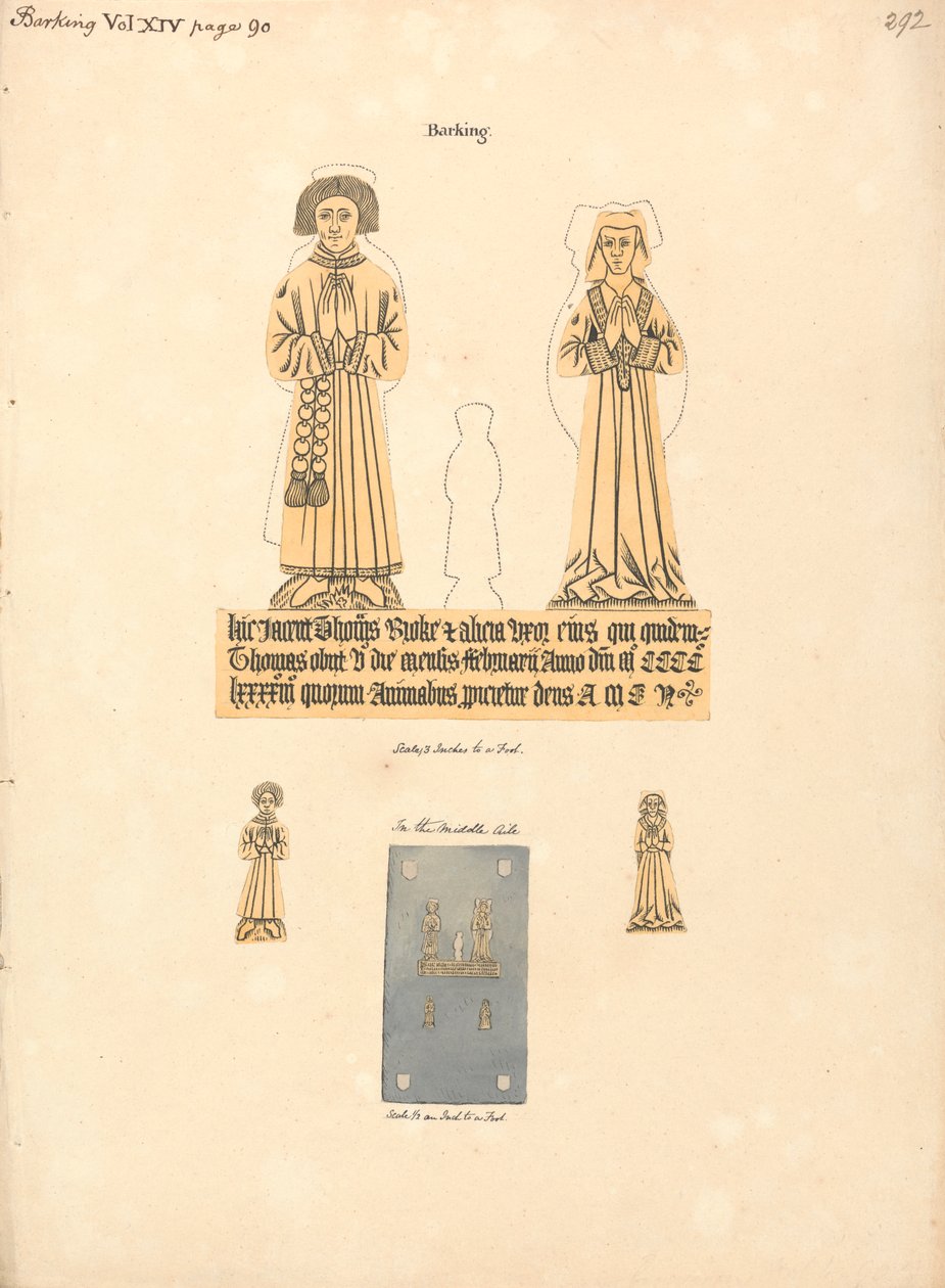 Sárgaréz tányér Thomas és Alicia Broke számára, Szent Margit plébániatemplom, Barking alkotó: Daniel Lysons