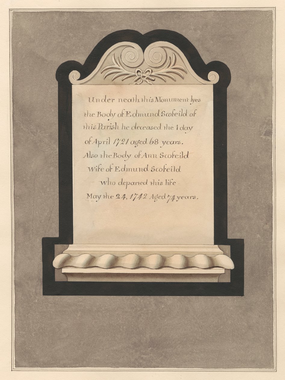 Emlékmű Edmund Scofieldnek és feleségének, Annnak a Cowley Churchből alkotó: Daniel Lysons